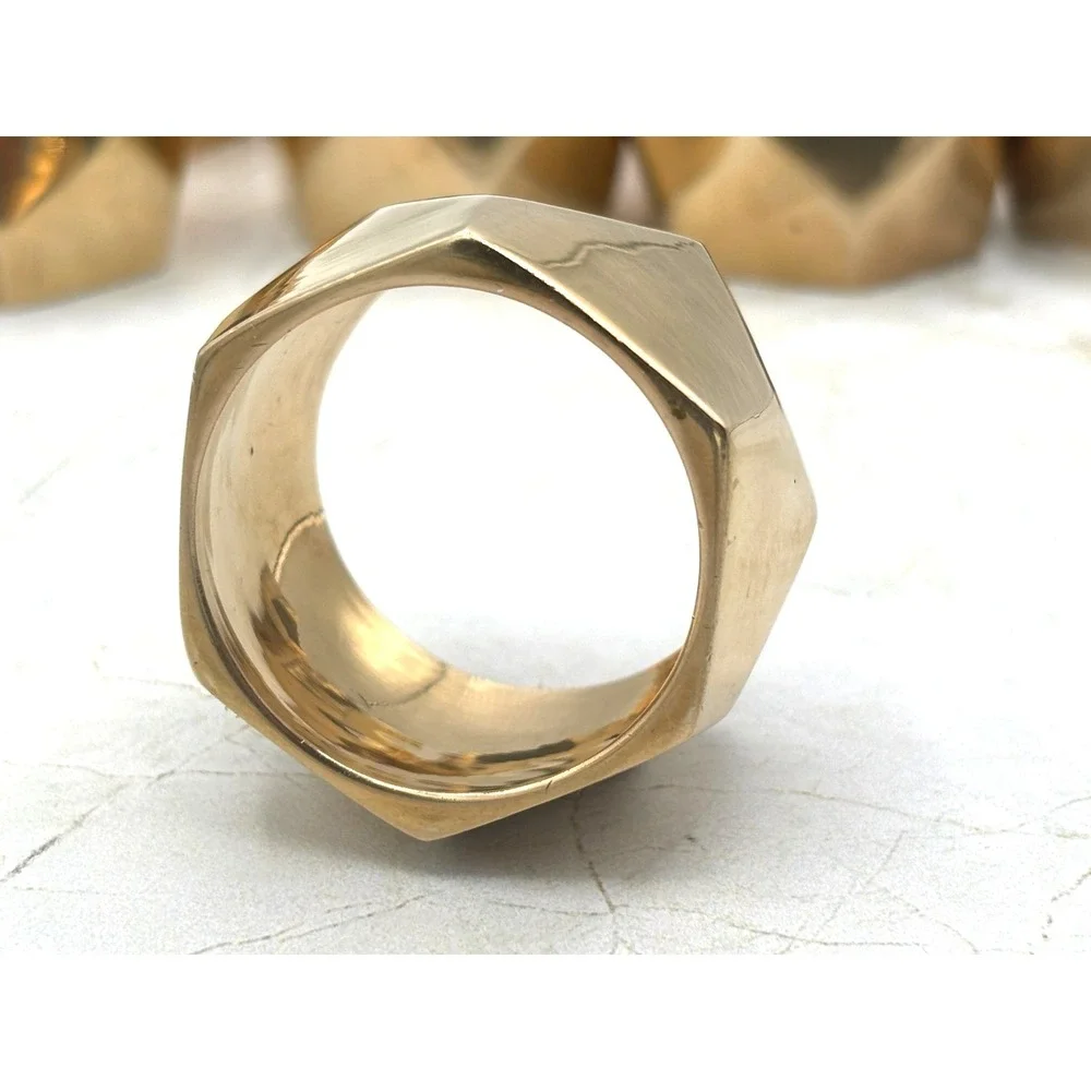 Set of 8 Solid‎ Brass Faceted Napkin Rings Modern Geometric Brutalist Style EUC